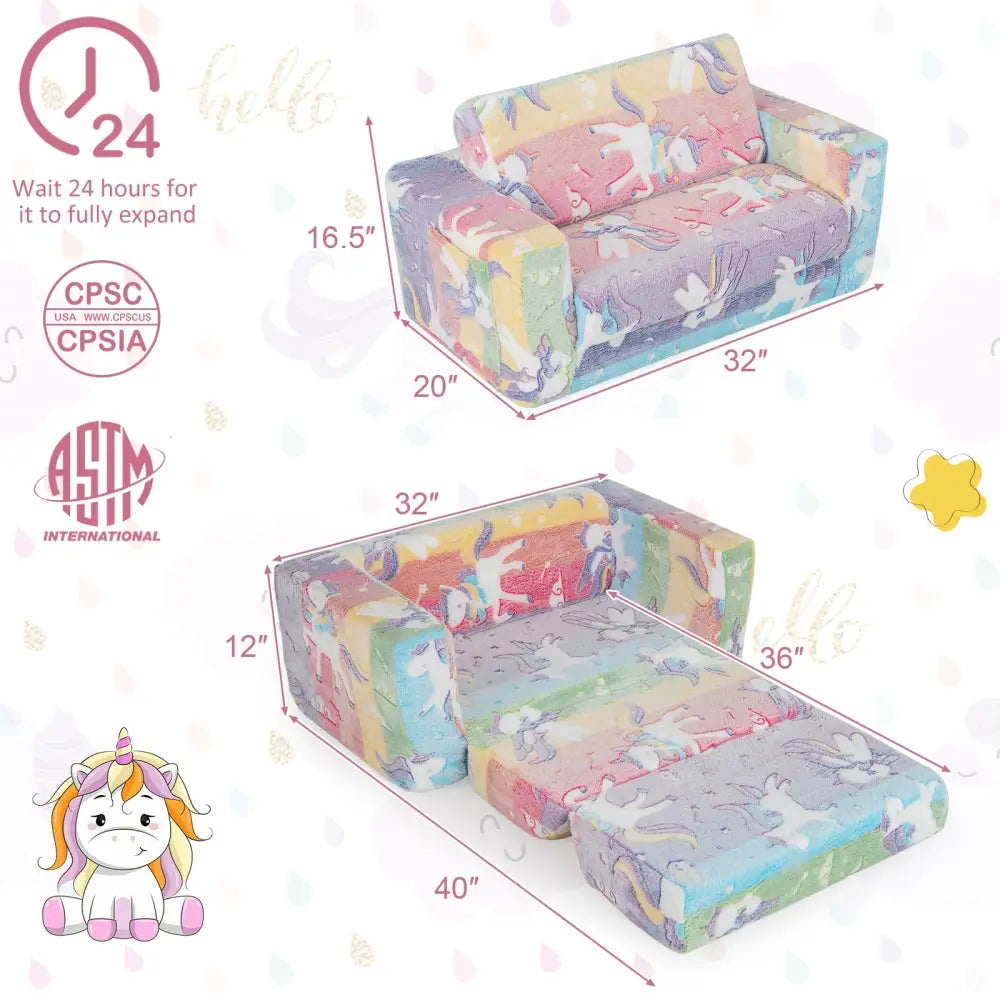 2-in-1 Flip Out Kids Sofa Chair with Detachable Flannel Fabric Cover and Glowing Patterns-Color - Color - Kids Chairs &