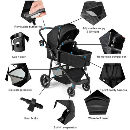 2 in 1 Foldable Pushchair Newborn Infant Baby Stroller-Black - Black - Baby Strollers