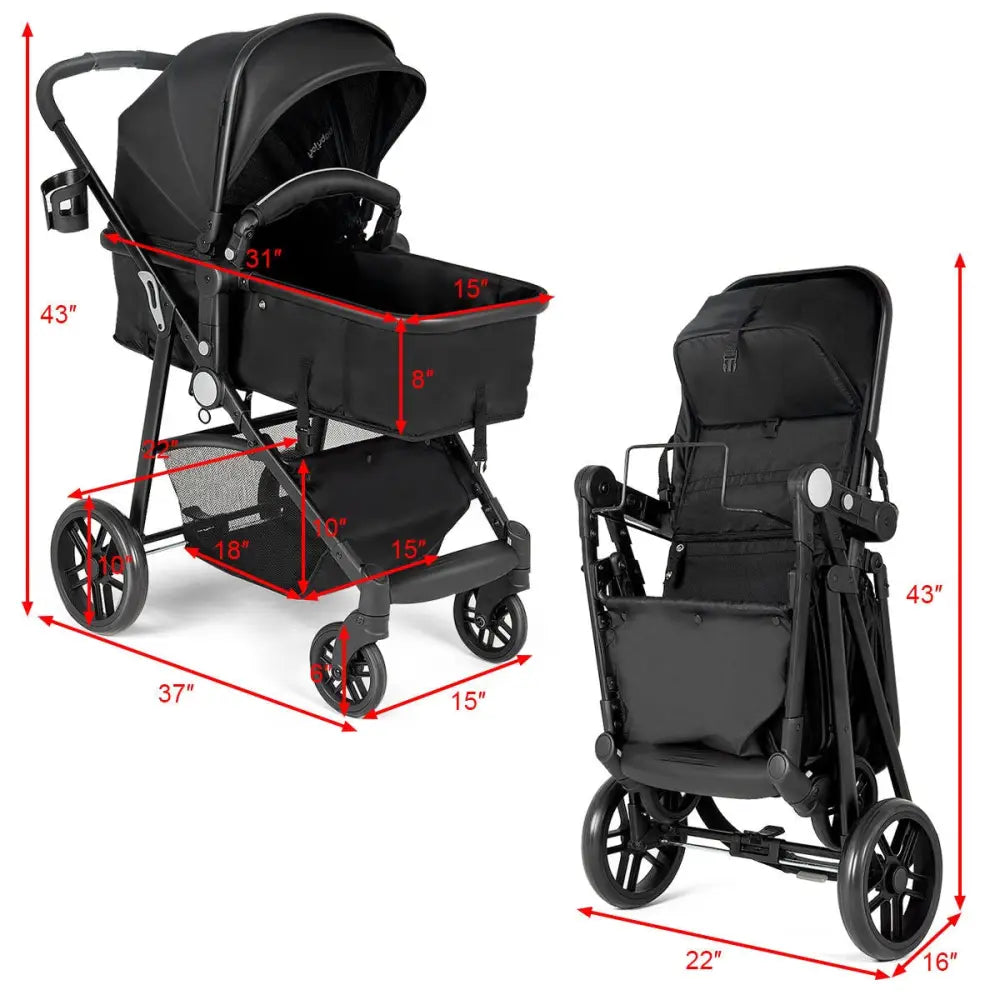 2 in 1 Foldable Pushchair Newborn Infant Baby Stroller-Black - Black - Baby Strollers
