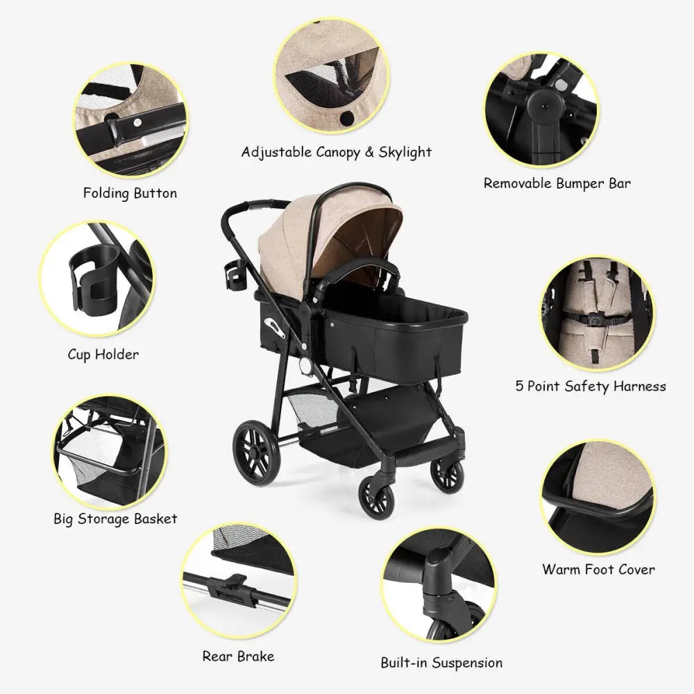 2 in 1 Foldable Pushchair Newborn Infant Baby Stroller-Coffee - Coffee - Baby Strollers