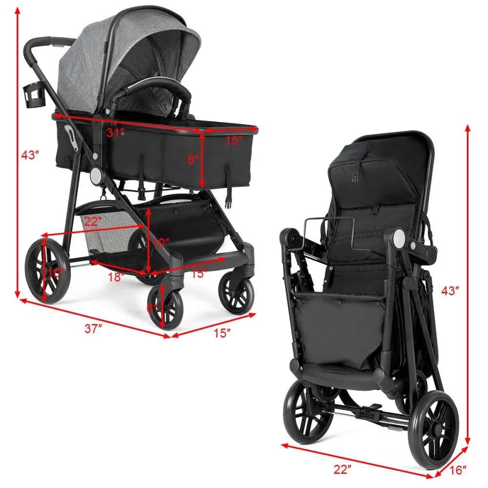 2 in 1 Foldable Pushchair Newborn Infant Baby Stroller-Gray - Gray - Baby Strollers