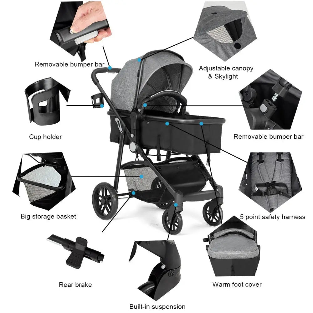 2 in 1 Foldable Pushchair Newborn Infant Baby Stroller-Gray - Gray - Baby Strollers
