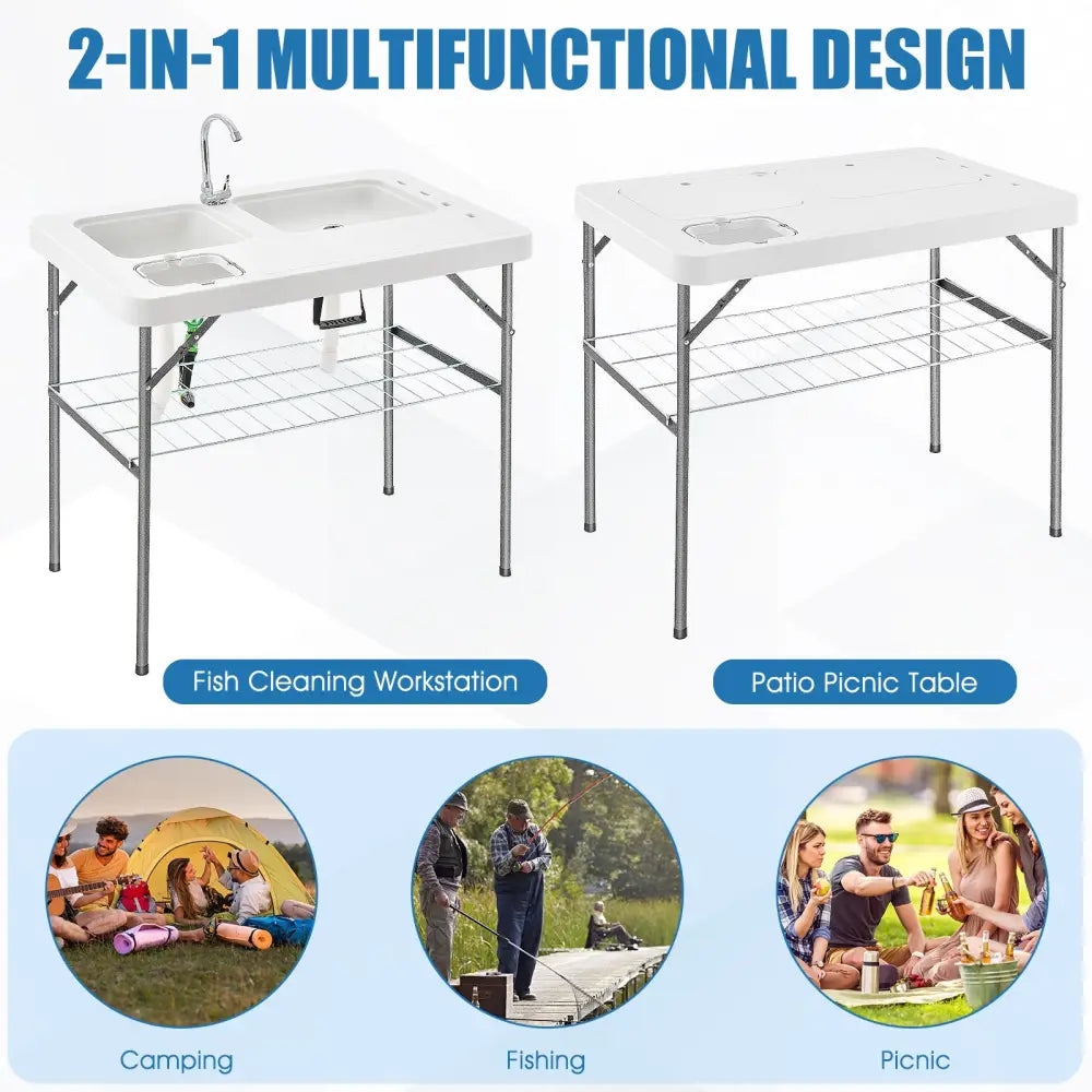 2-in-1 Folding Fish Cleaning Table-White - White - Camping Furniture