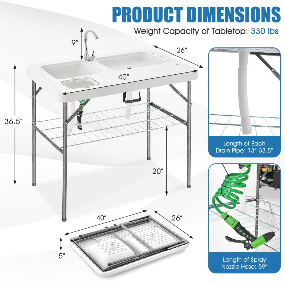 2-in-1 Folding Fish Cleaning Table-White - White - Camping Furniture