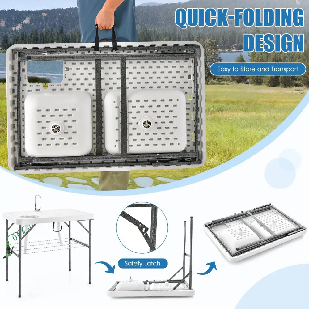 2-in-1 Folding Fish Cleaning Table-White - White - Camping Furniture