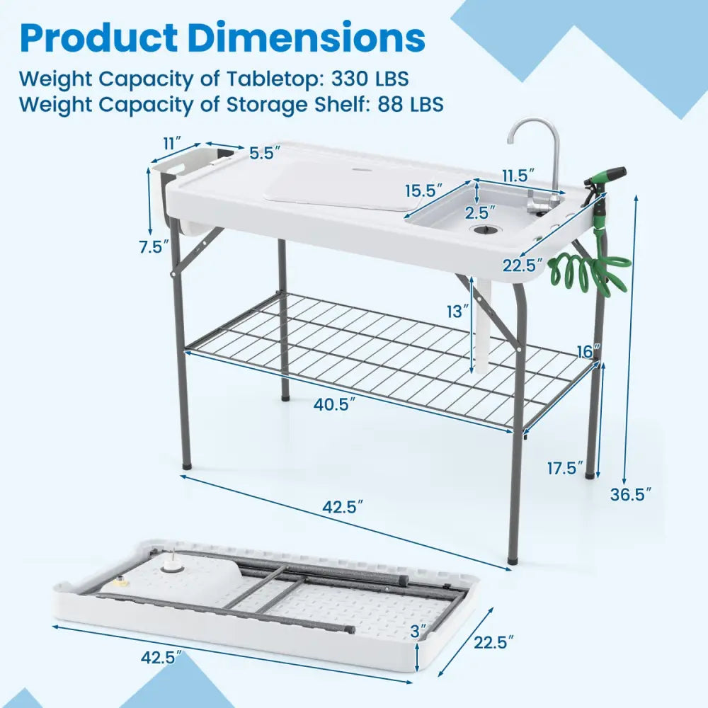 2 in 1 Folding Fish Cleaning Table with Sink and Faucet for Patio BBQ - Outdoor