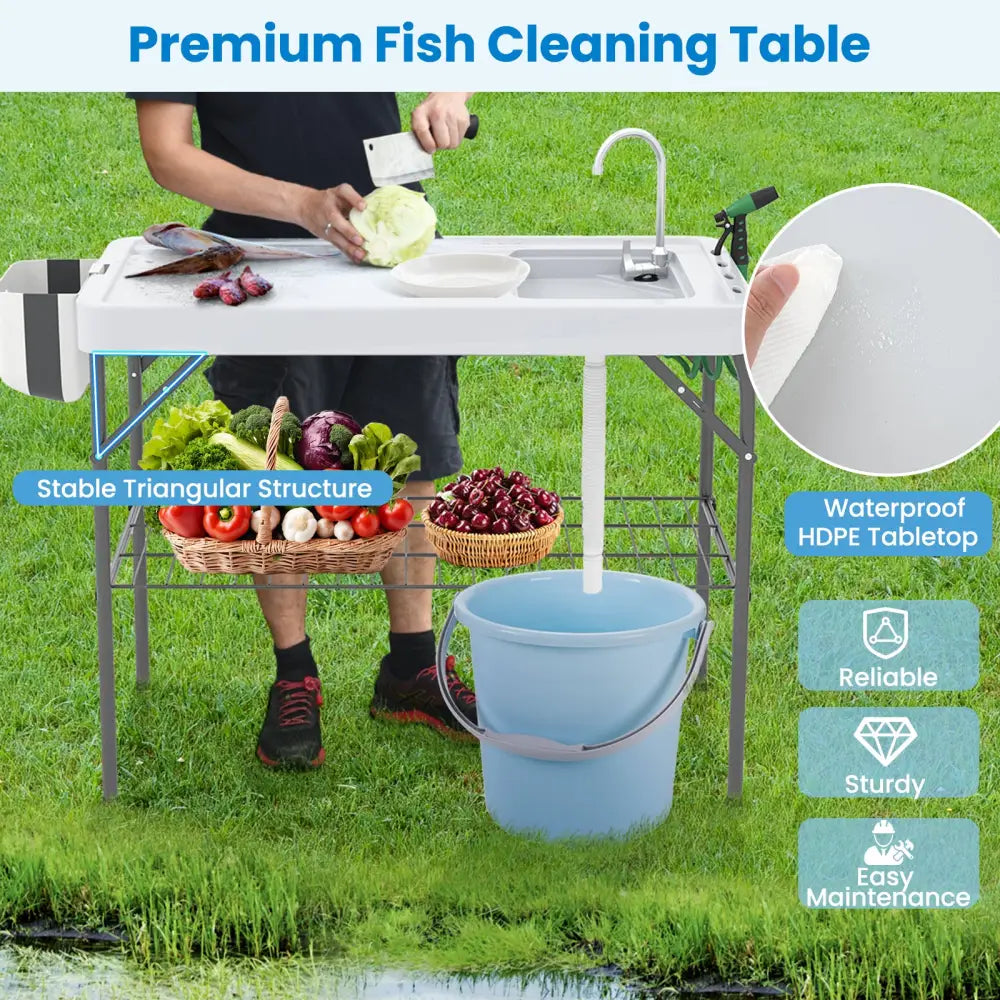 2 in 1 Folding Fish Cleaning Table with Sink and Faucet for Patio BBQ - Outdoor