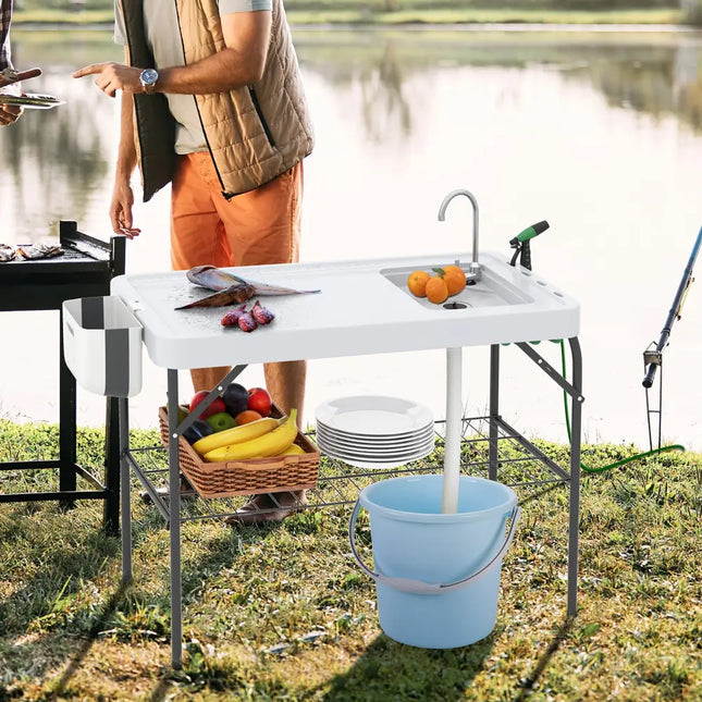 2 in 1 Folding Fish Cleaning Table with Sink and Faucet for Patio BBQ - Outdoor