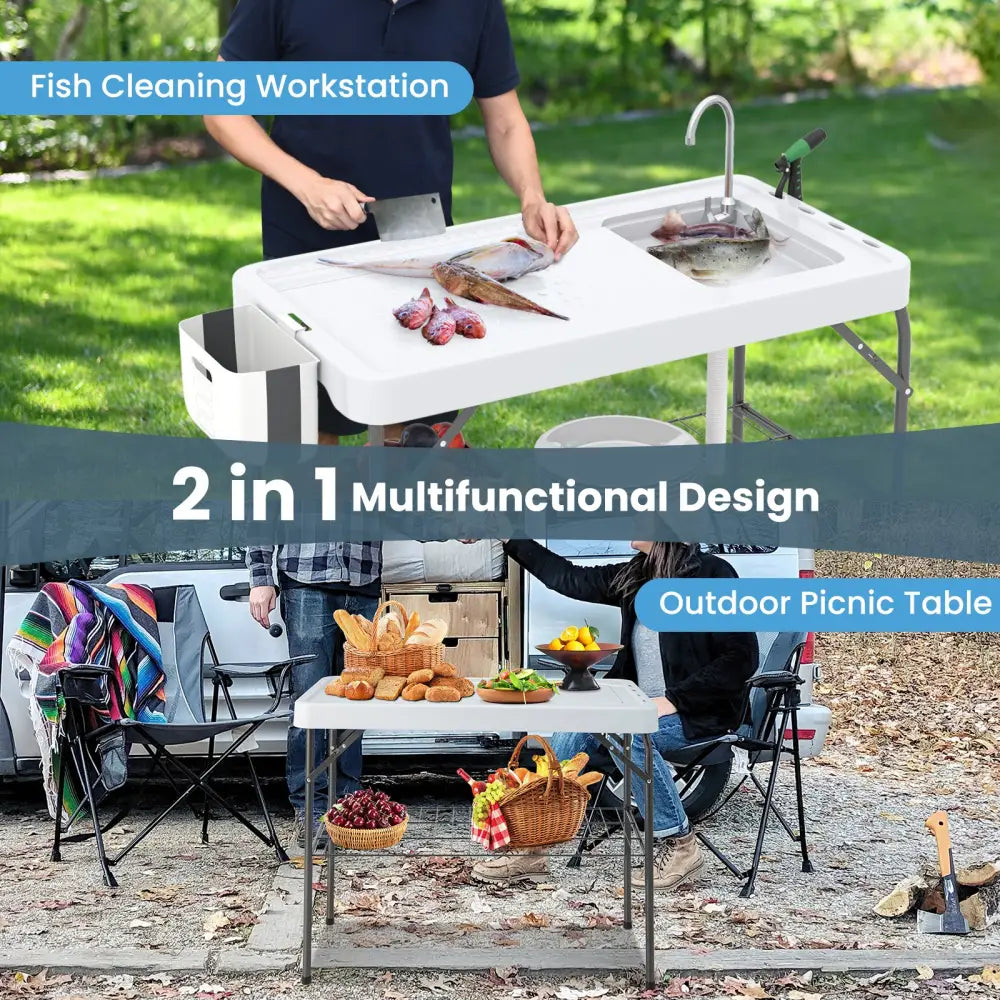 2 in 1 Folding Fish Cleaning Table with Sink and Faucet for Patio BBQ - Outdoor