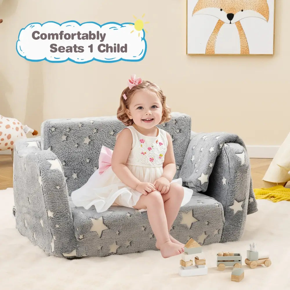 2-in-1 Folding Kids Couch with Blanket Glow in the Dark-Gray - Gray - Kids Chairs & Seating
