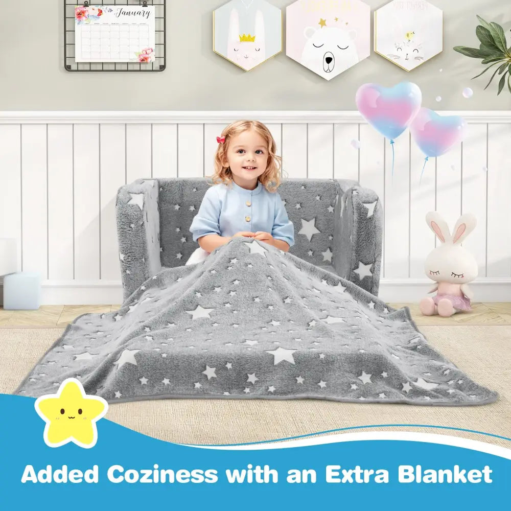 2-in-1 Folding Kids Couch with Blanket Glow in the Dark-Gray - Gray - Kids Chairs & Seating