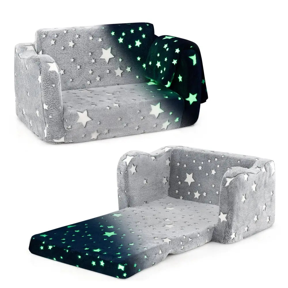 2-in-1 Folding Kids Couch with Blanket Glow in the Dark-Gray - Gray - Kids Chairs & Seating