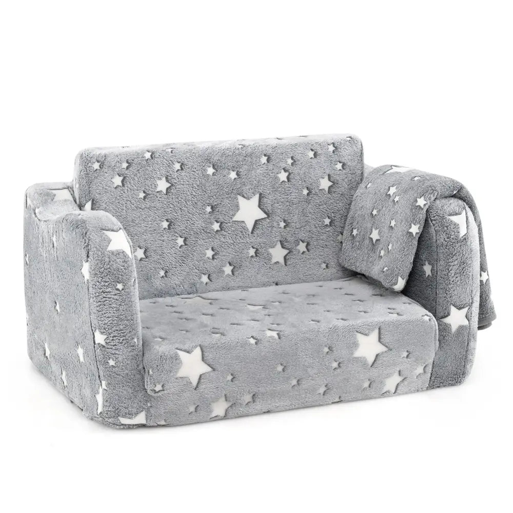 2-in-1 Folding Kids Couch with Blanket Glow in the Dark-Gray - Gray - Kids Chairs & Seating