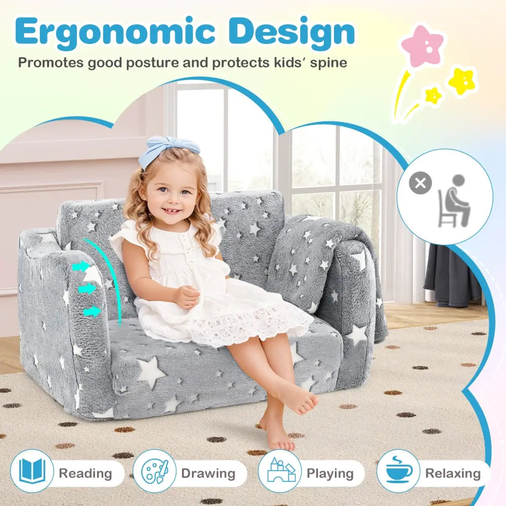2-in-1 Folding Kids Couch with Blanket Glow in the Dark-Gray - Gray - Kids Chairs & Seating