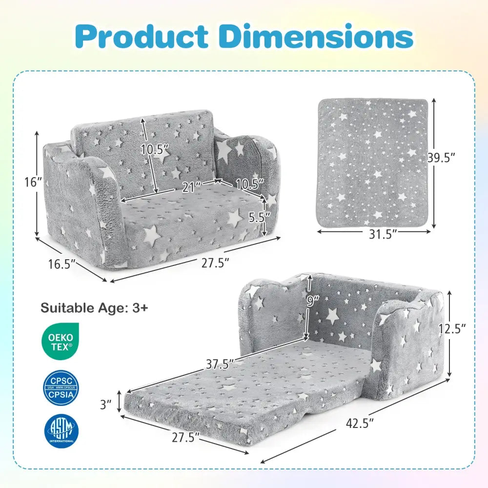 2-in-1 Folding Kids Couch with Blanket Glow in the Dark-Gray - Gray - Kids Chairs & Seating