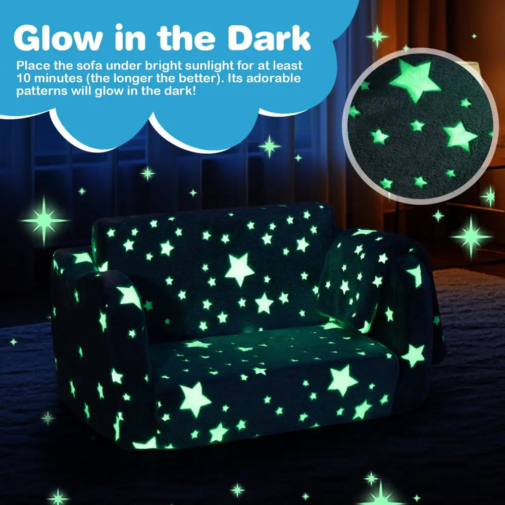 2-in-1 Folding Kids Couch with Blanket Glow in the Dark-Gray - Gray - Kids Chairs & Seating