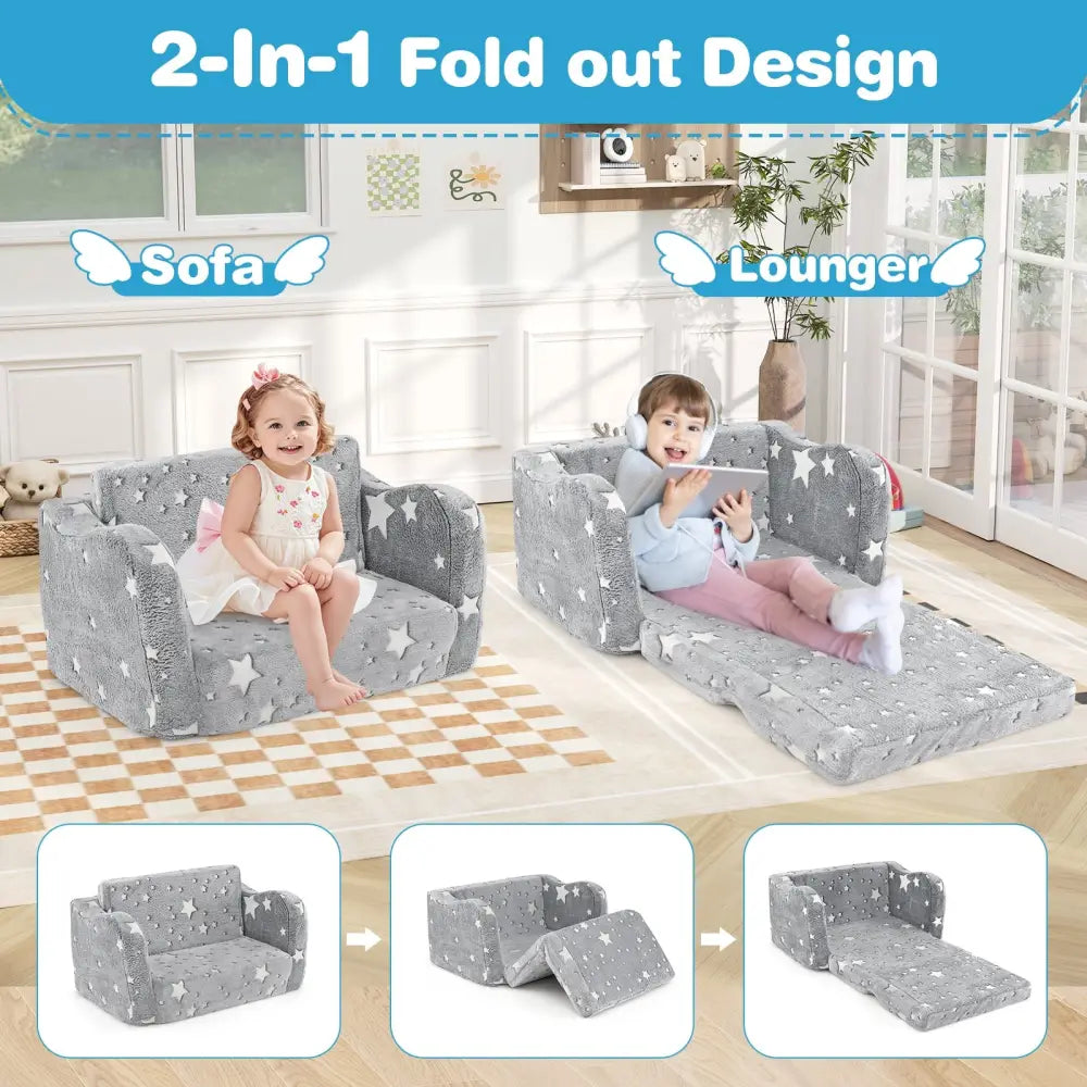 2-in-1 Folding Kids Couch with Blanket Glow in the Dark-Gray - Gray - Kids Chairs & Seating