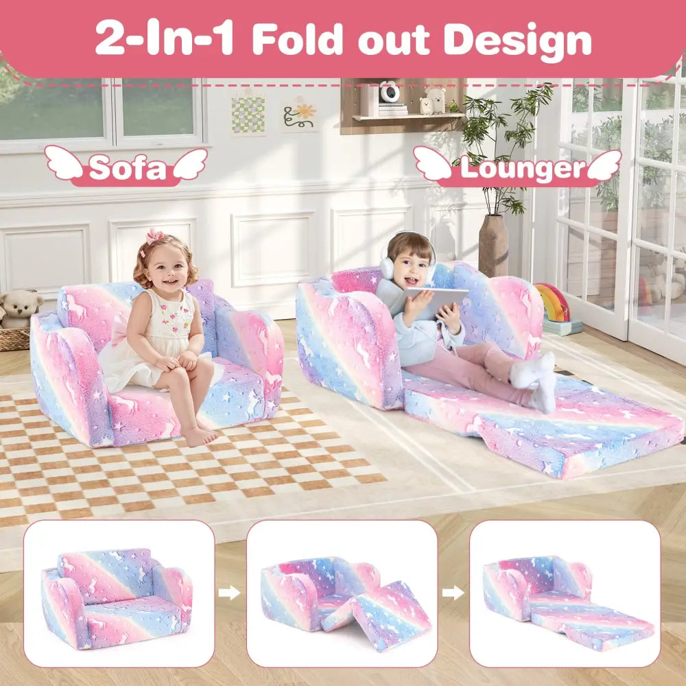 2-in-1 Folding Kids Couch with Blanket Glow in the Dark-Multicolor - Multicolor - Kids Chairs & Seating