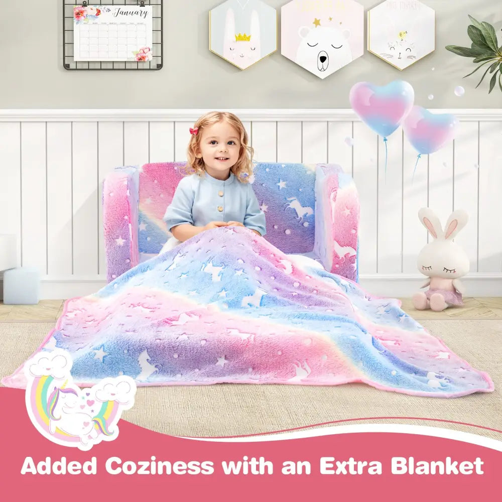 2-in-1 Folding Kids Couch with Blanket Glow in the Dark-Multicolor - Multicolor - Kids Chairs & Seating