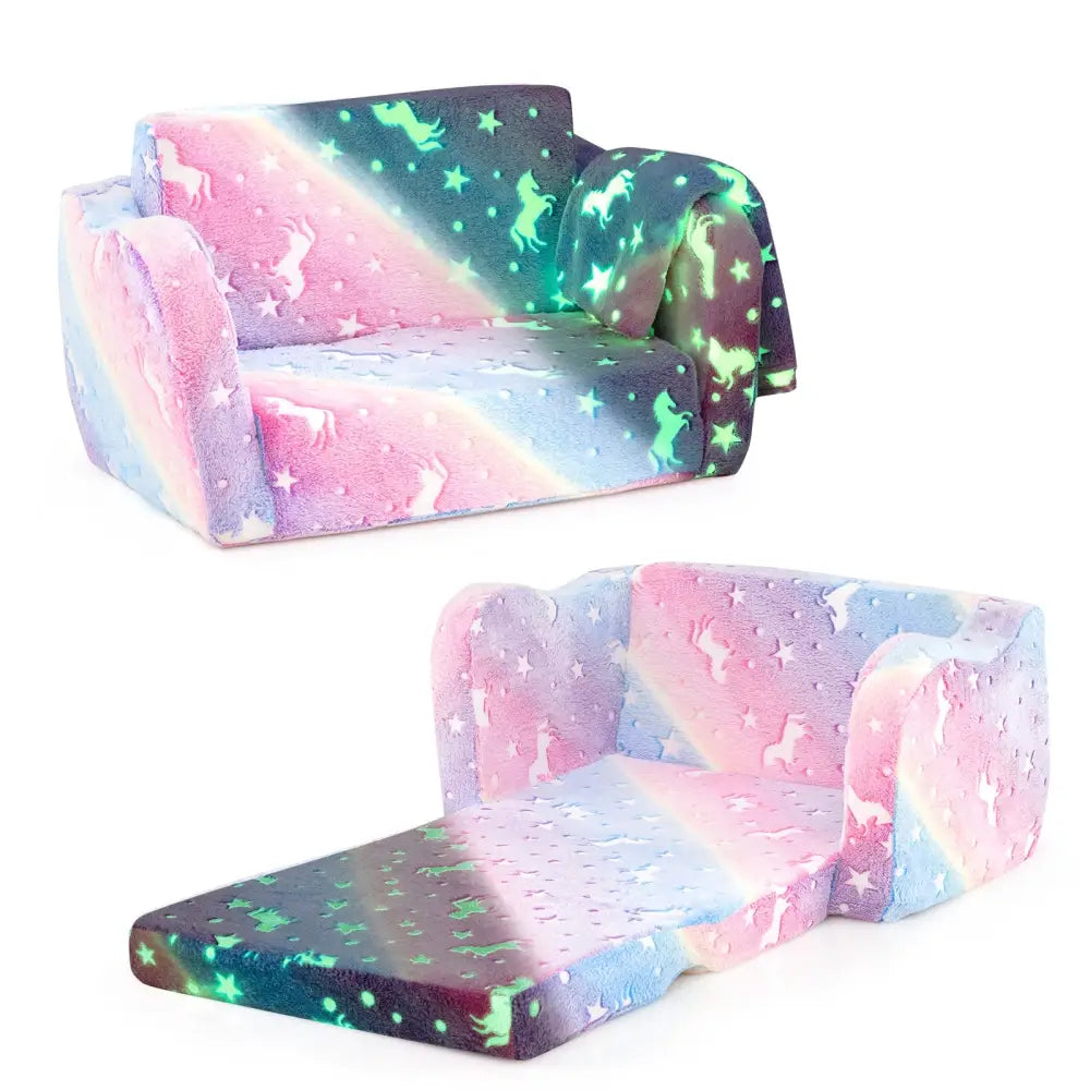 2-in-1 Folding Kids Couch with Blanket Glow in the Dark-Multicolor - Multicolor - Kids Chairs & Seating