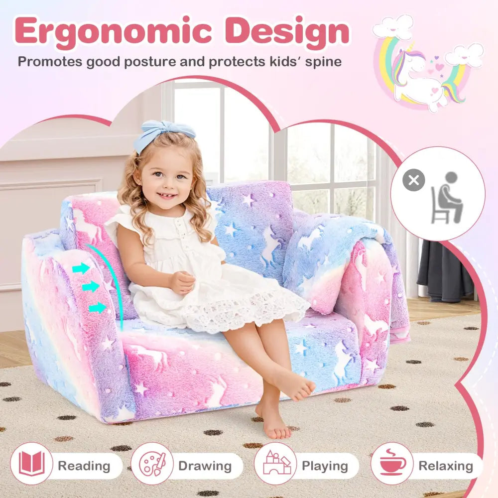 2-in-1 Folding Kids Couch with Blanket Glow in the Dark-Multicolor - Multicolor - Kids Chairs & Seating