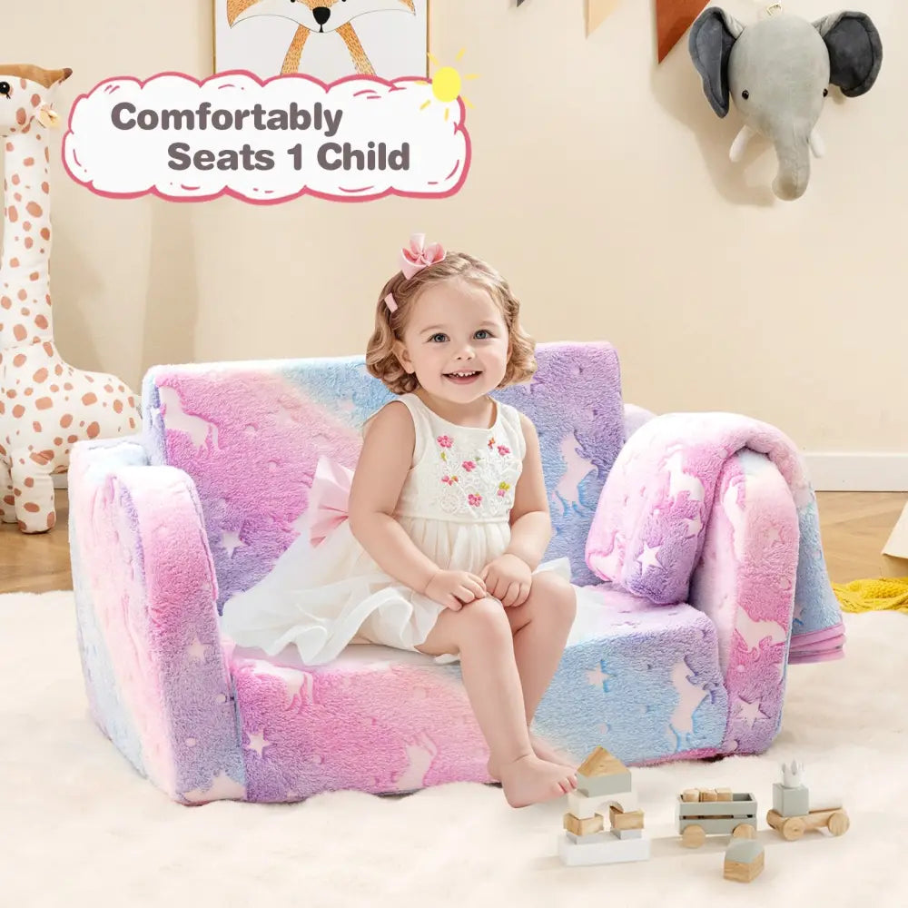 2-in-1 Folding Kids Couch with Blanket Glow in the Dark-Multicolor - Multicolor - Kids Chairs & Seating