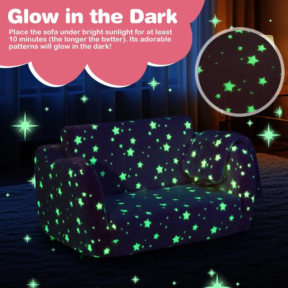 2-in-1 Folding Kids Couch with Blanket Glow in the Dark-Pink - Pink - Kids Chairs & Seating