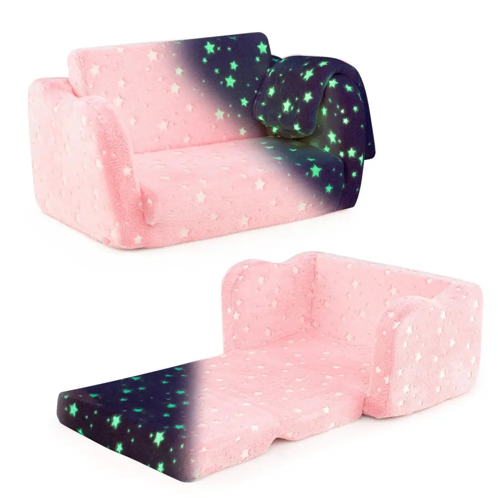 2-in-1 Folding Kids Couch with Blanket Glow in the Dark-Pink - Pink - Kids Chairs & Seating