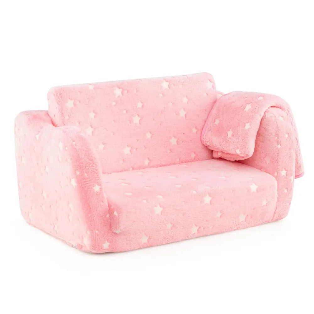 2-in-1 Folding Kids Couch with Blanket Glow in the Dark-Pink - Pink - Kids Chairs & Seating