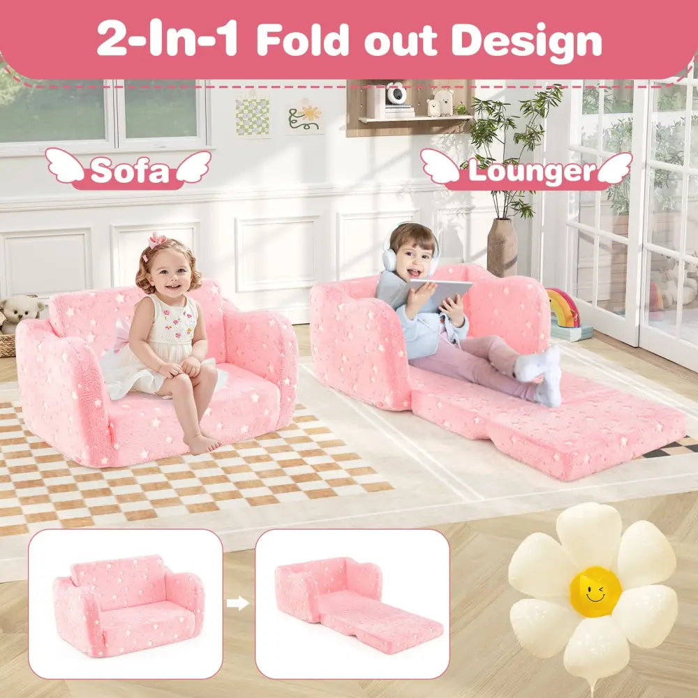 2-in-1 Folding Kids Couch with Blanket Glow in the Dark-Pink - Pink - Kids Chairs & Seating