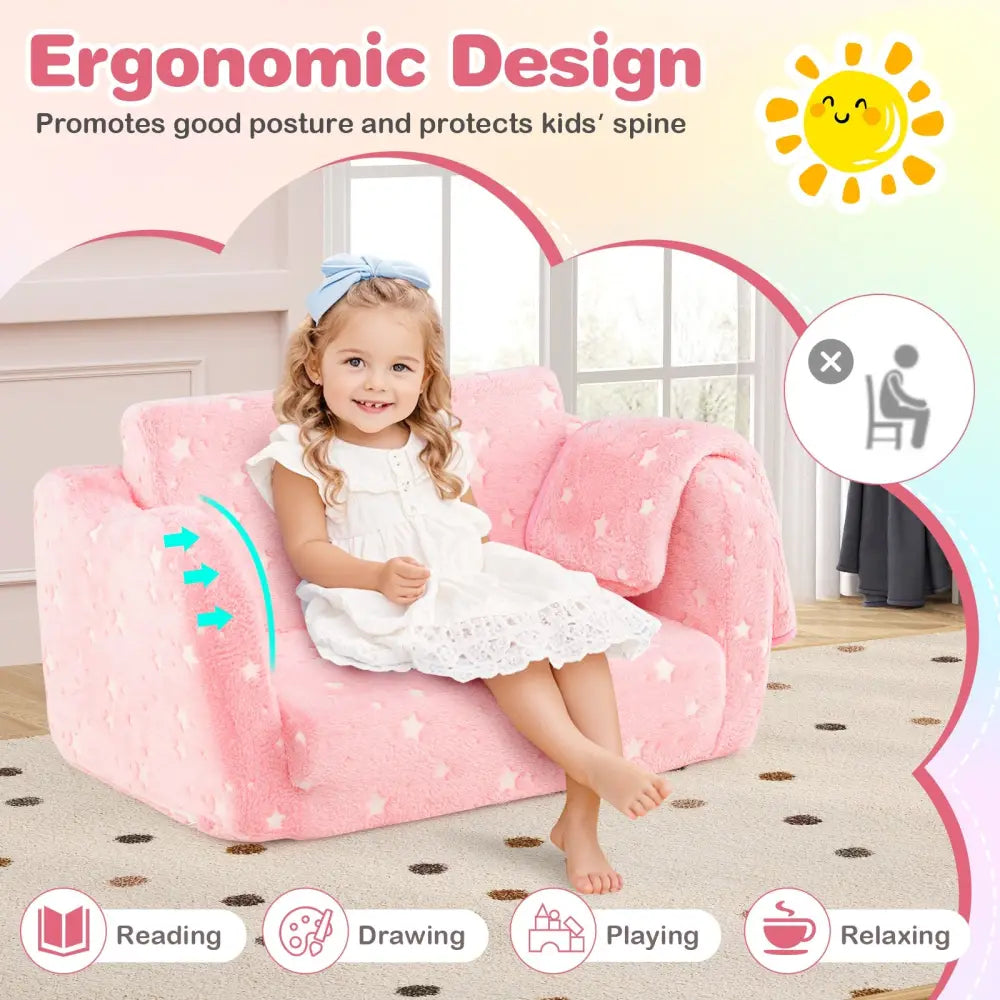 2-in-1 Folding Kids Couch with Blanket Glow in the Dark-Pink - Pink - Kids Chairs & Seating