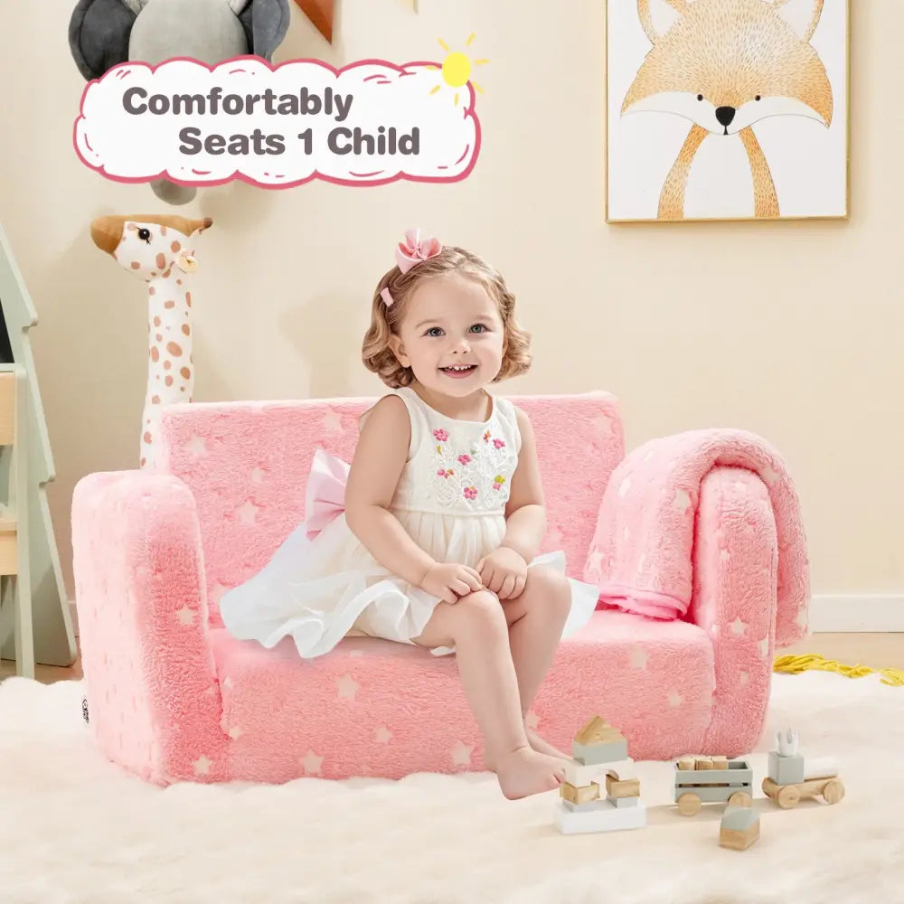 2-in-1 Folding Kids Couch with Blanket Glow in the Dark-Pink - Pink - Kids Chairs & Seating