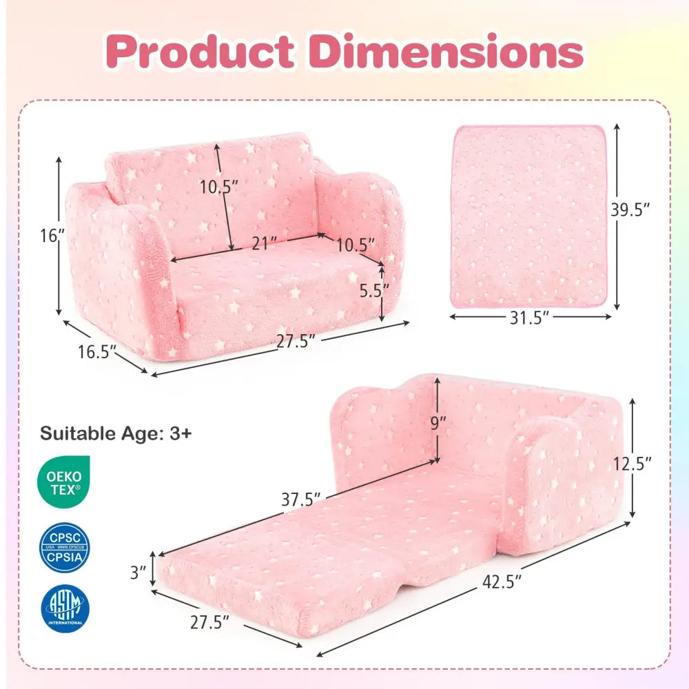 2-in-1 Folding Kids Couch with Blanket Glow in the Dark-Pink - Pink - Kids Chairs & Seating