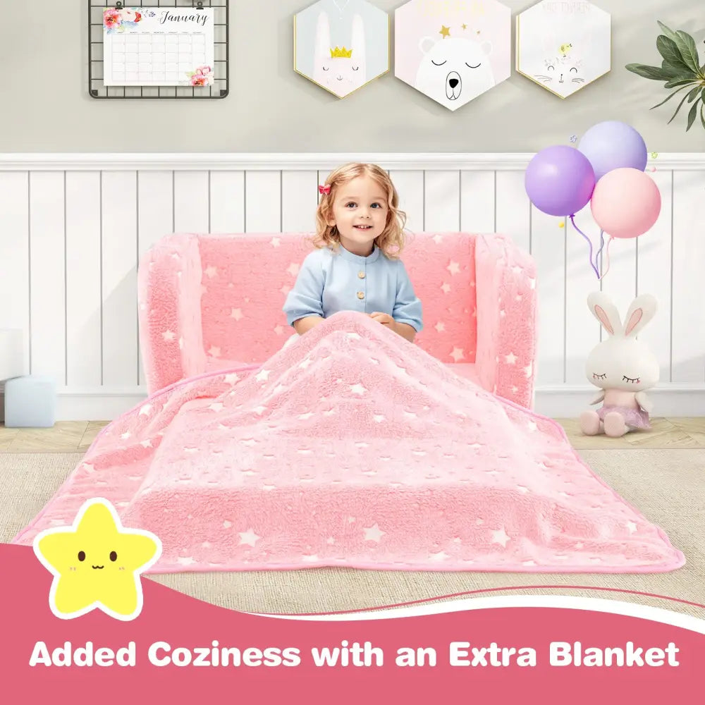 2-in-1 Folding Kids Couch with Blanket Glow in the Dark-Pink - Pink - Kids Chairs & Seating