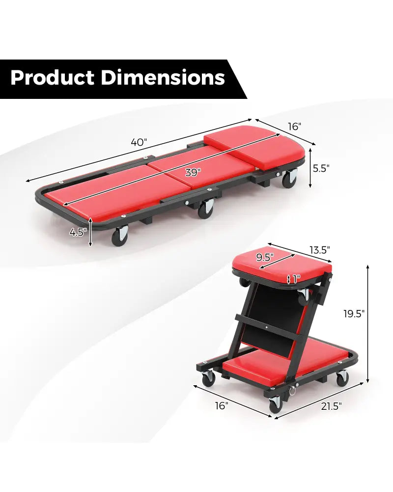 2-in-1 Folding Low Profile Mechanic Creeper with Padded Seat and 6 Wheels-Red - Red - Garages