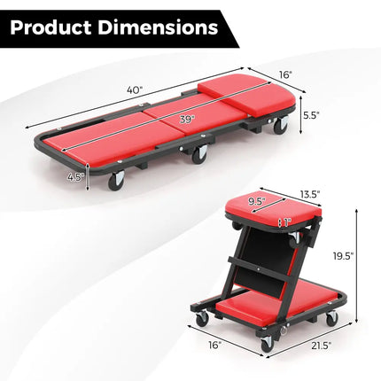 2-in-1 Folding Low Profile Mechanic Creeper with Padded Seat and 6 Wheels-Red - Red - Garages