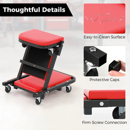 2-in-1 Folding Low Profile Mechanic Creeper with Padded Seat and 6 Wheels-Red - Red - Garages