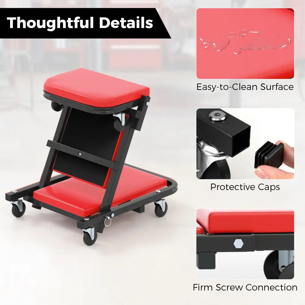 2-in-1 Folding Low Profile Mechanic Creeper with Padded Seat and 6 Wheels-Red - Red - Garages