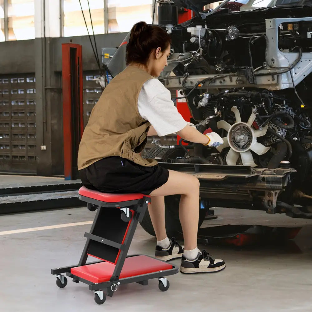 2-in-1 Folding Low Profile Mechanic Creeper with Padded Seat and 6 Wheels-Red - Red - Garages