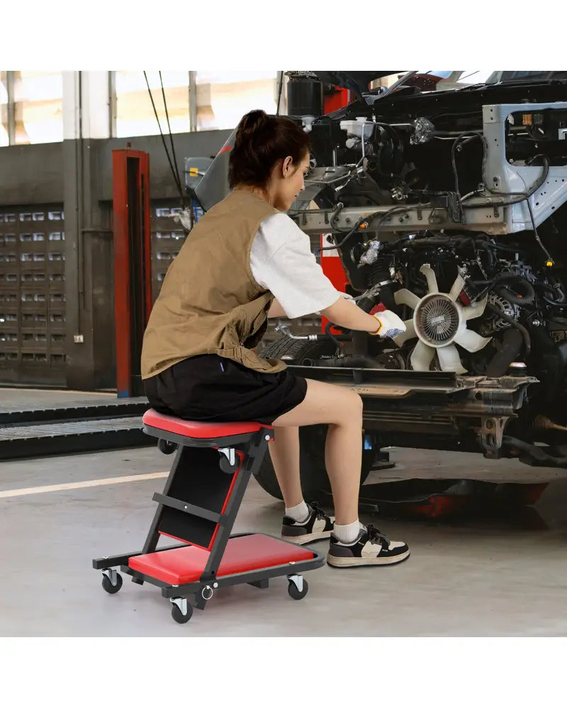 2-in-1 Folding Low Profile Mechanic Creeper with Padded Seat and 6 Wheels-Red - Red - Garages