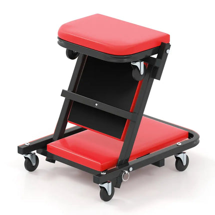 2-in-1 Folding Low Profile Mechanic Creeper with Padded Seat and 6 Wheels-Red - Red - Garages