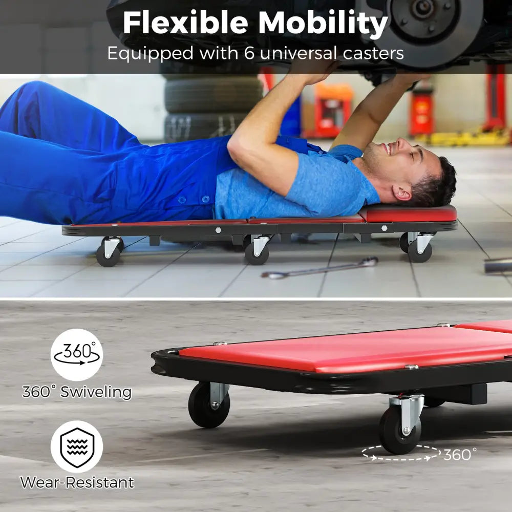 2-in-1 Folding Low Profile Mechanic Creeper with Padded Seat and 6 Wheels-Red - Red - Garages