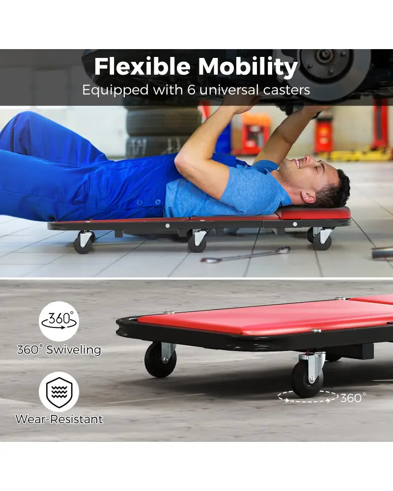 2-in-1 Folding Low Profile Mechanic Creeper with Padded Seat and 6 Wheels-Red - Red - Garages