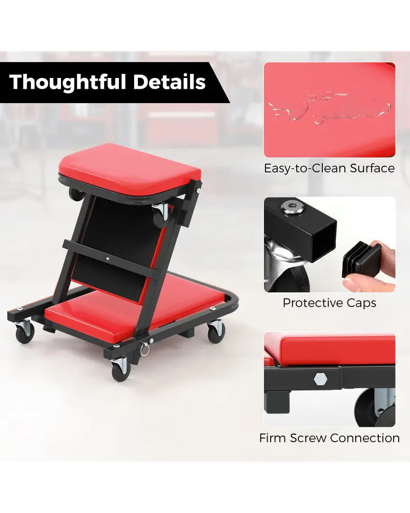 2-in-1 Folding Low Profile Mechanic Creeper with Padded Seat and 6 Wheels-Red - Red - Garages
