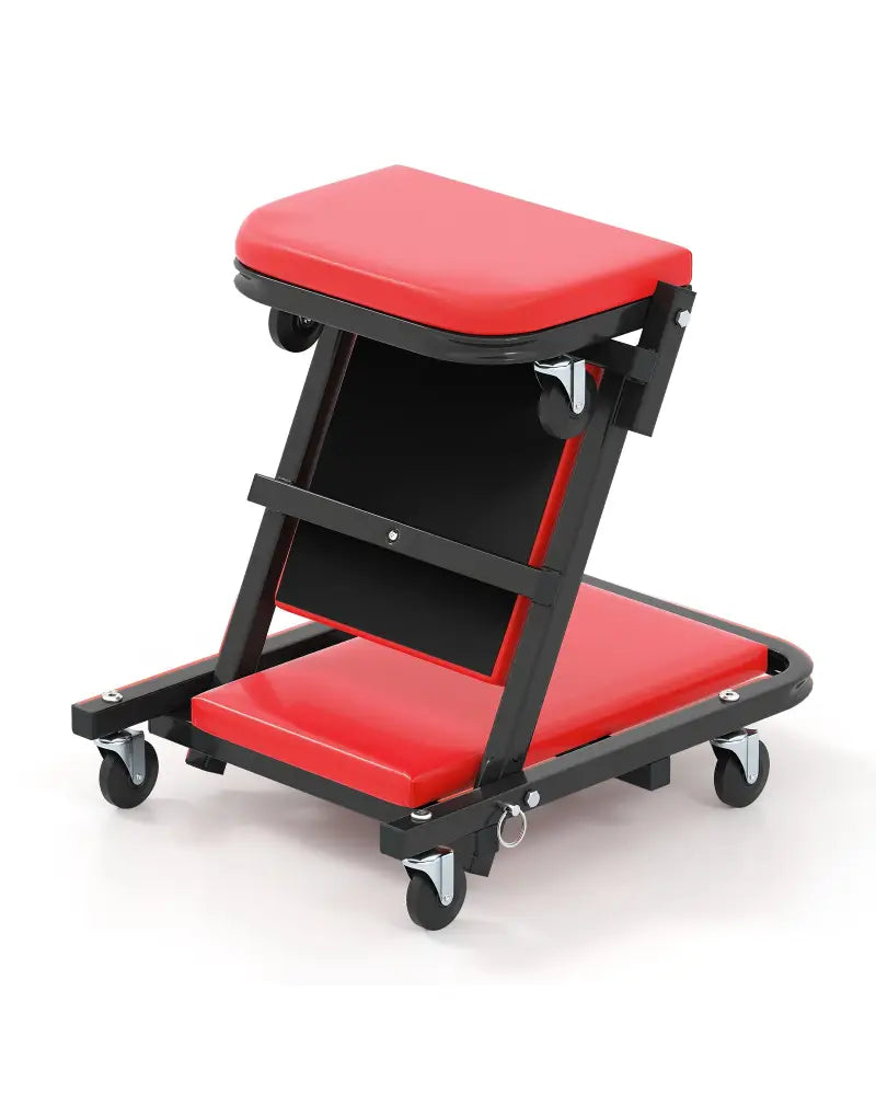 2-in-1 Folding Low Profile Mechanic Creeper with Padded Seat and 6 Wheels-Red - Red - Garages