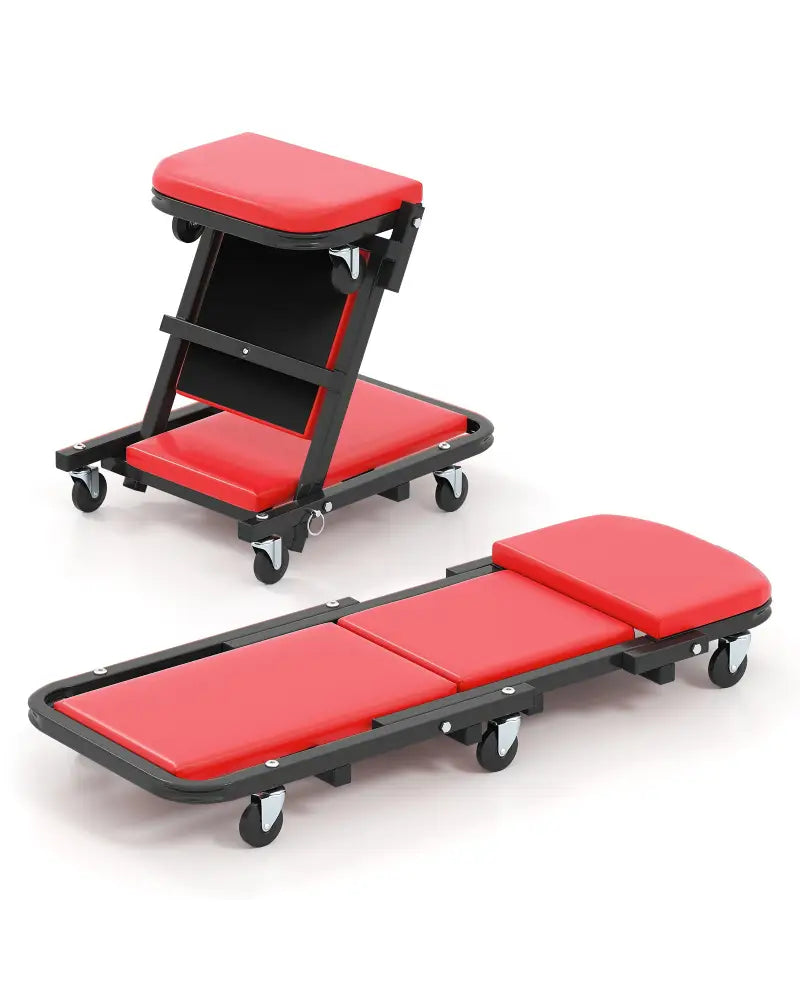 2-in-1 Folding Low Profile Mechanic Creeper with Padded Seat and 6 Wheels-Red - Red - Garages