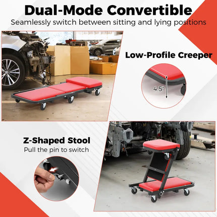 2-in-1 Folding Low Profile Mechanic Creeper with Padded Seat and 6 Wheels-Red - Red - Garages