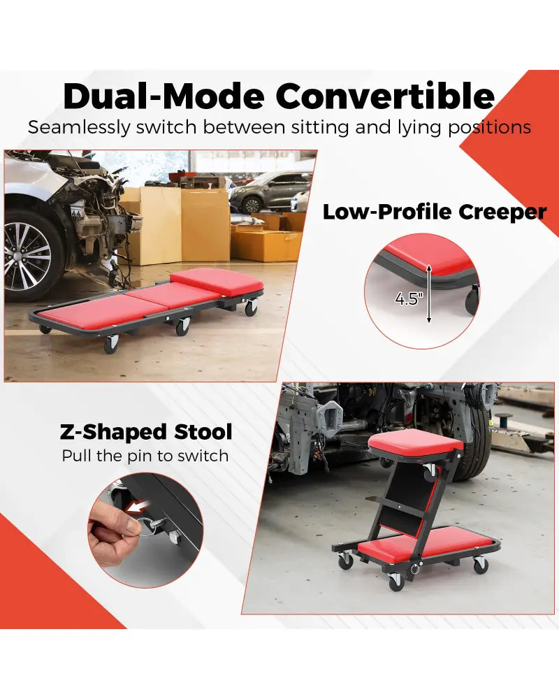 2-in-1 Folding Low Profile Mechanic Creeper with Padded Seat and 6 Wheels-Red - Red - Garages
