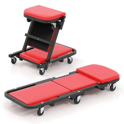 2-in-1 Folding Low Profile Mechanic Creeper with Padded Seat and 6 Wheels-Red - Red - Garages