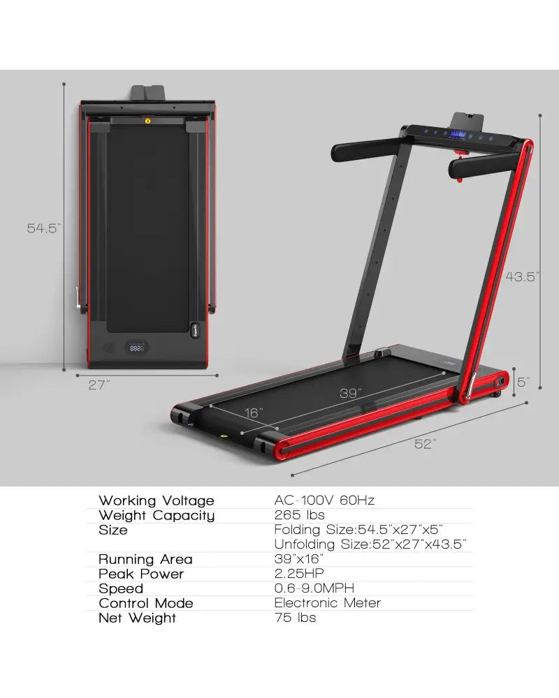 2-in-1 Folding Treadmill 2.25HP Jogging Machine with Dual LED Display-Red - Red - Treadmills